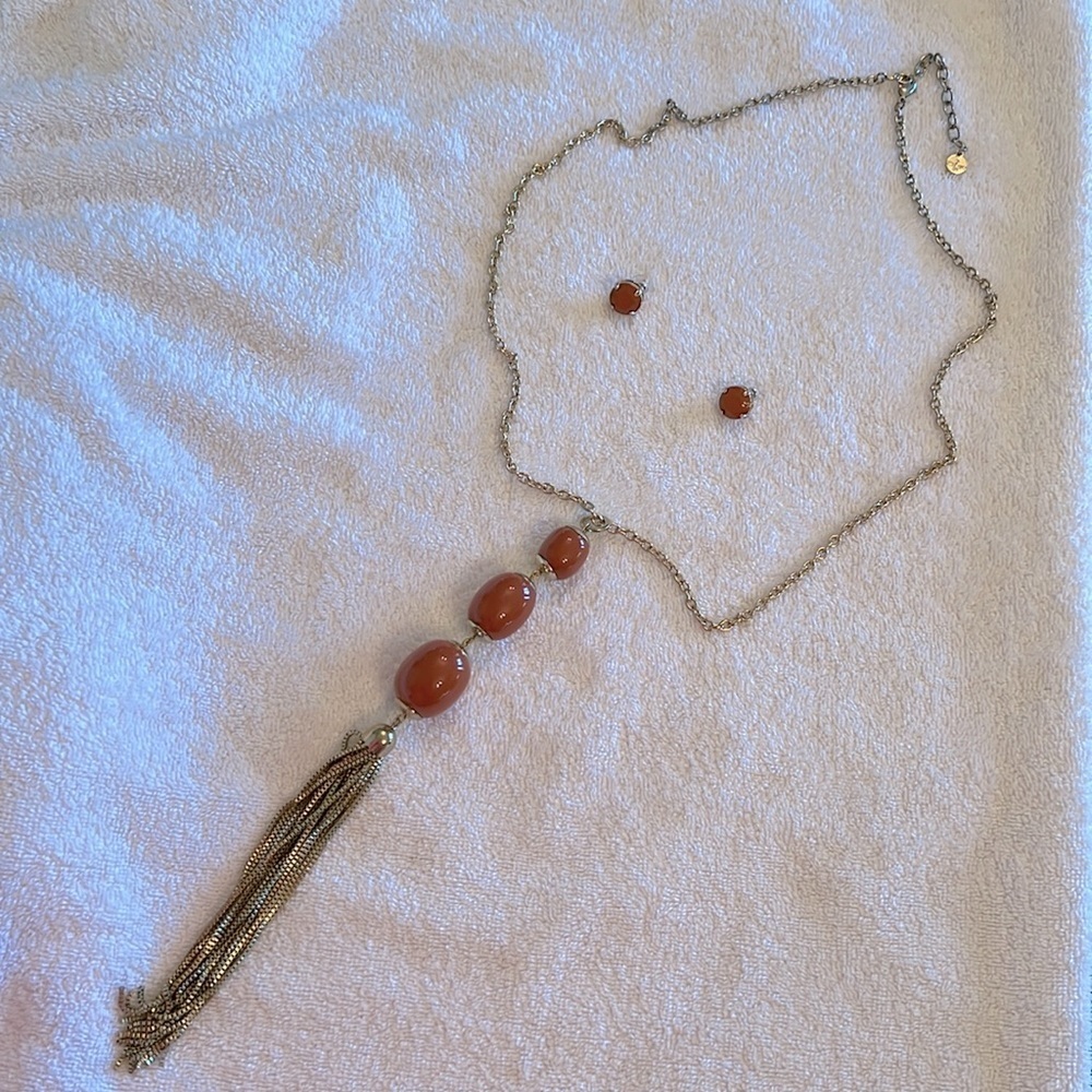 RJ Graziano orange and gold tone earrings and necklace Vintage